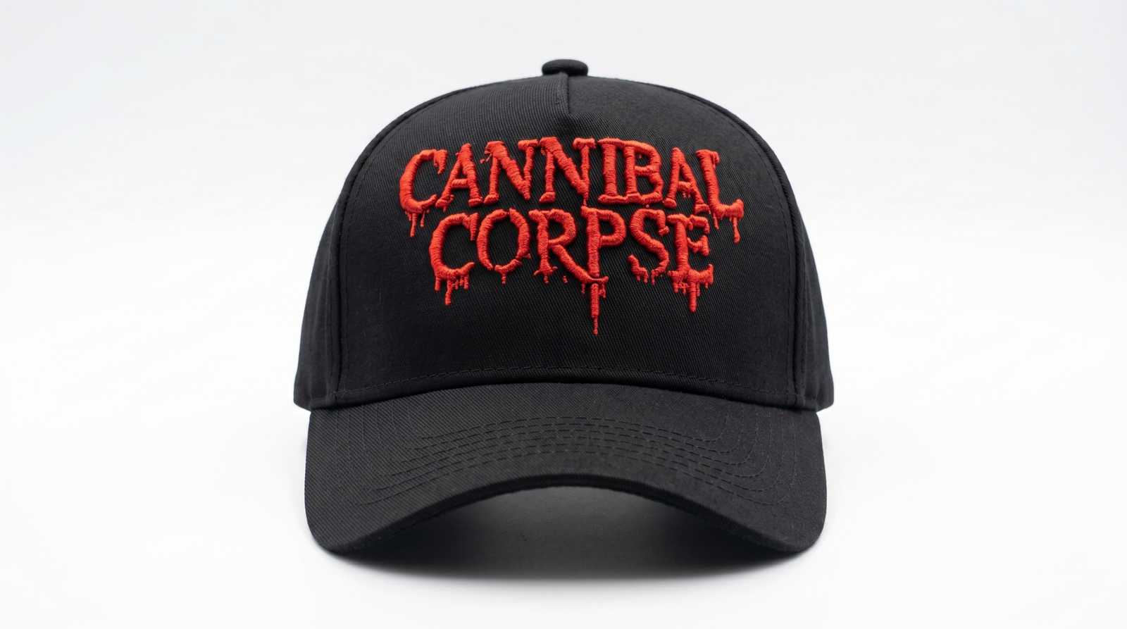 Gorra Cannibal Corpse edición premium negra visera curva con panel liso y poderoso bordado 3D rojo sangriento