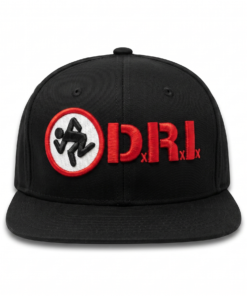 Gorra D.R.I. edición premium negra visera plana snapback con poderoso bordado 3D del logo
