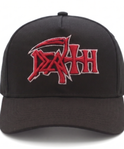 Gorra Death edición premium negra visera curva con panel liso y poderoso bordado 3D rojo con contorno blanco