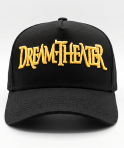 Gorra Dream Theater edición premium negra visera curva con panel liso y poderoso bordado 3D dorado