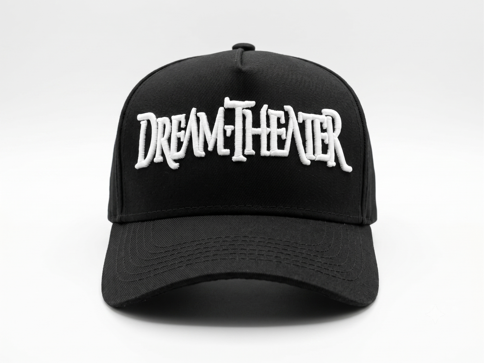 Gorra Dream Theater edición premium negra visera curva con panel liso y poderoso bordado 3D blanco