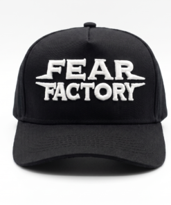 Gorra Fear Factory edición premium negra visera curva con panel liso y poderoso bordado 3D blanco
