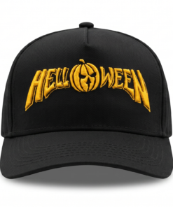 Gorra Helloween edición premium negra visera curva con panel liso y poderoso bordado 3D amarillo