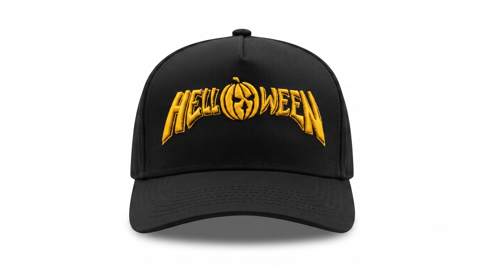 Gorra Helloween edición premium negra visera curva con panel liso y poderoso bordado 3D amarillo
