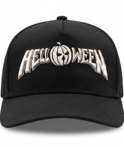Gorra Helloween edición premium negra visera curva con panel liso y poderoso bordado 3D blanco