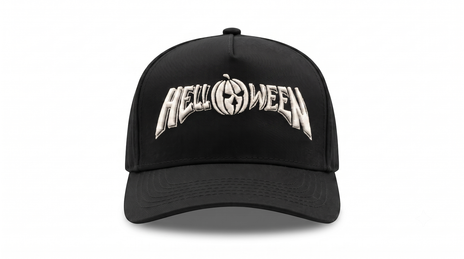 Gorra Helloween edición premium negra visera curva con panel liso y poderoso bordado 3D blanco