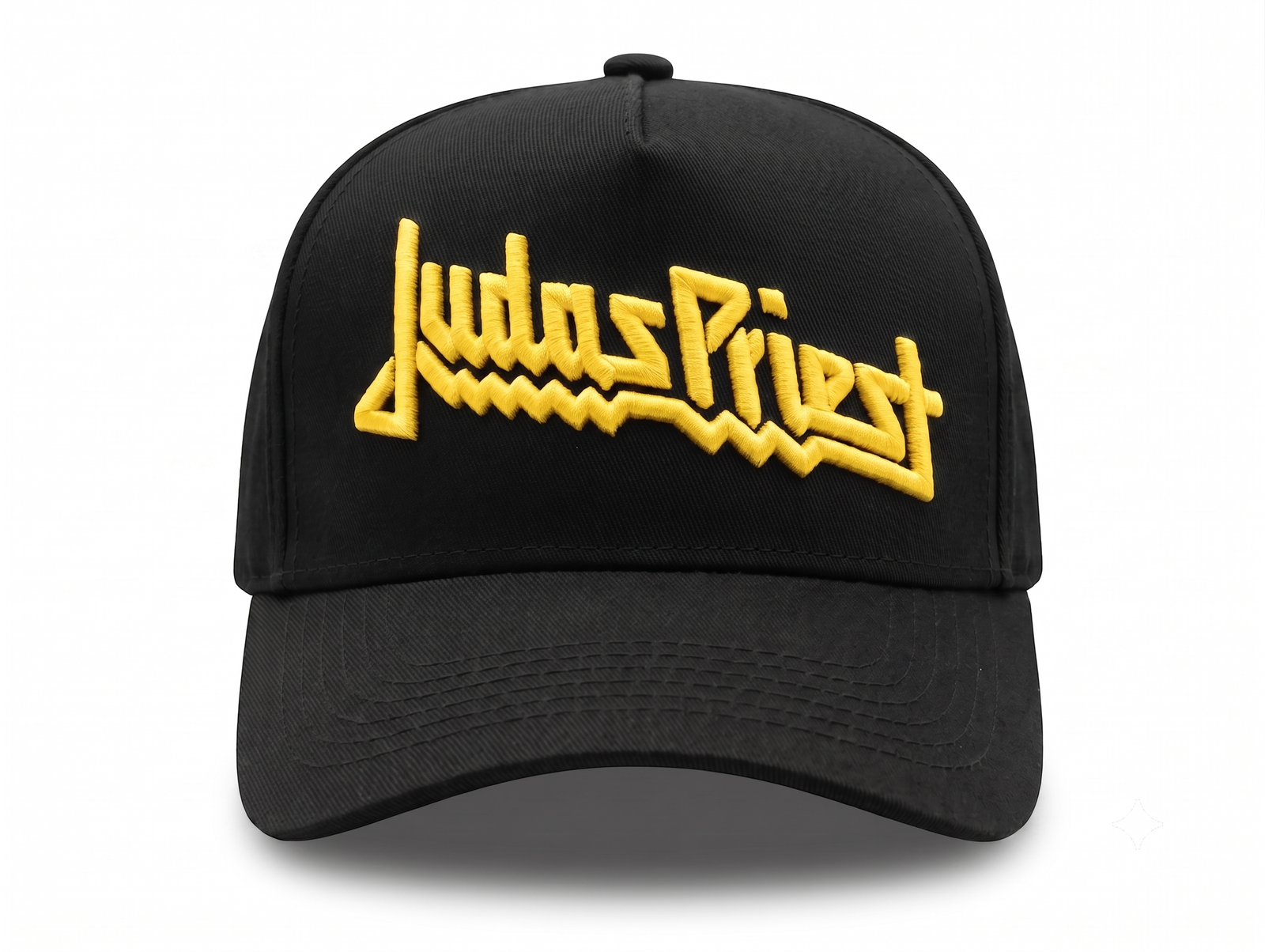 Gorra Judas Priest edición premium negra visera curva con panel liso y poderoso bordado 3D amarillo