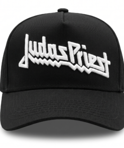 Gorra Judas Priest edición premium negra visera curva con panel liso y poderoso bordado 3D blanco
