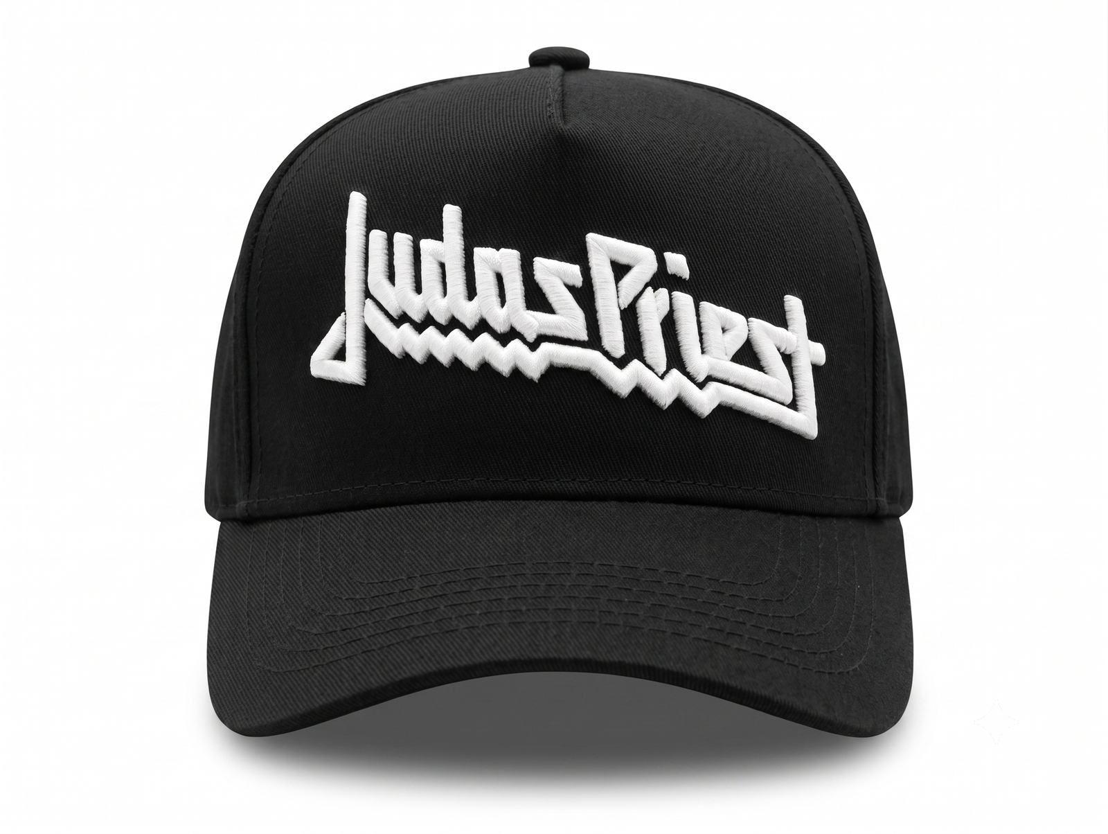 Gorra Judas Priest edición premium negra visera curva con panel liso y poderoso bordado 3D blanco