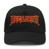 Gorra Megadeth negra de visera curva con panel liso y bordado 3D del logo en rojo y amarillo