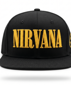 Gorra Nirvana negra de visera plana con bordado 3D amarillo y logo smiley
