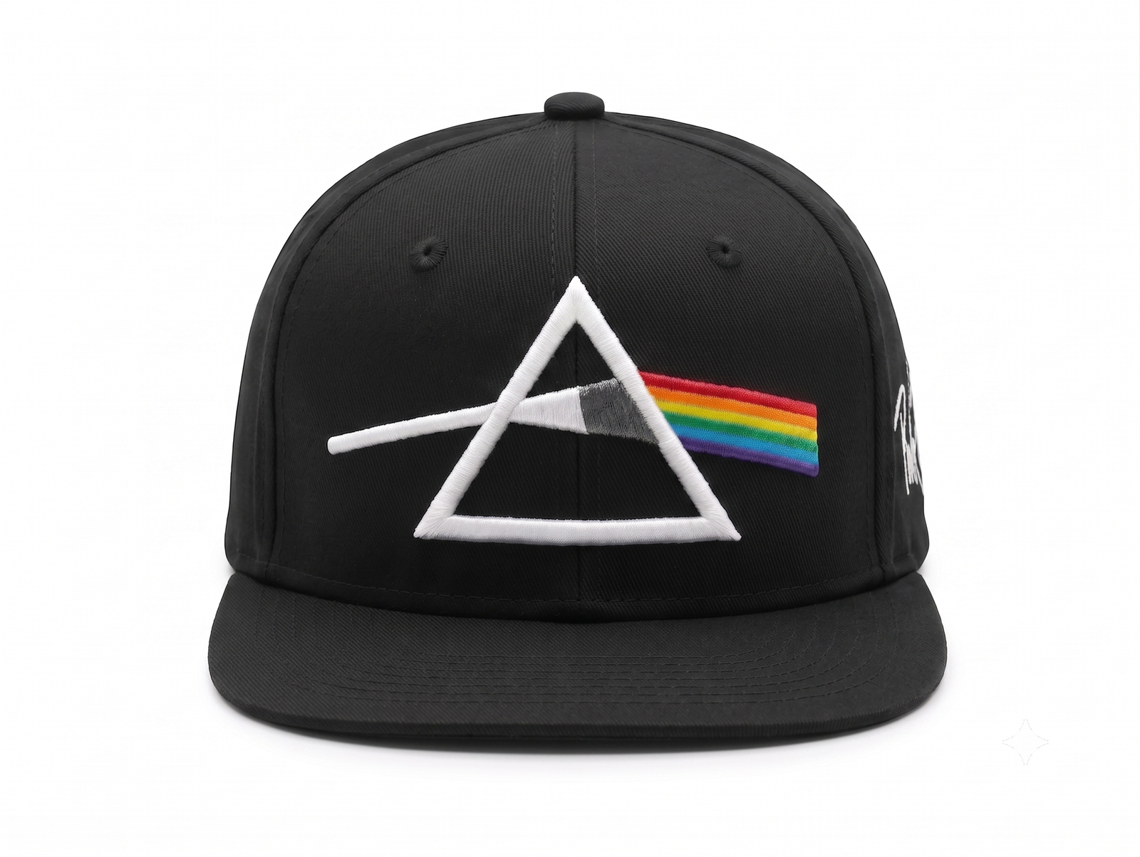 Gorra Pink Floyd edición premium negra visera plana snapback seis paneles, logo lateral y poderoso bordado 3D del prisma
