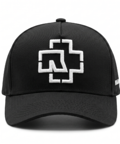 Gorra Rammstein negra de visera curva con panel liso y bordado 3D del logo en blanco