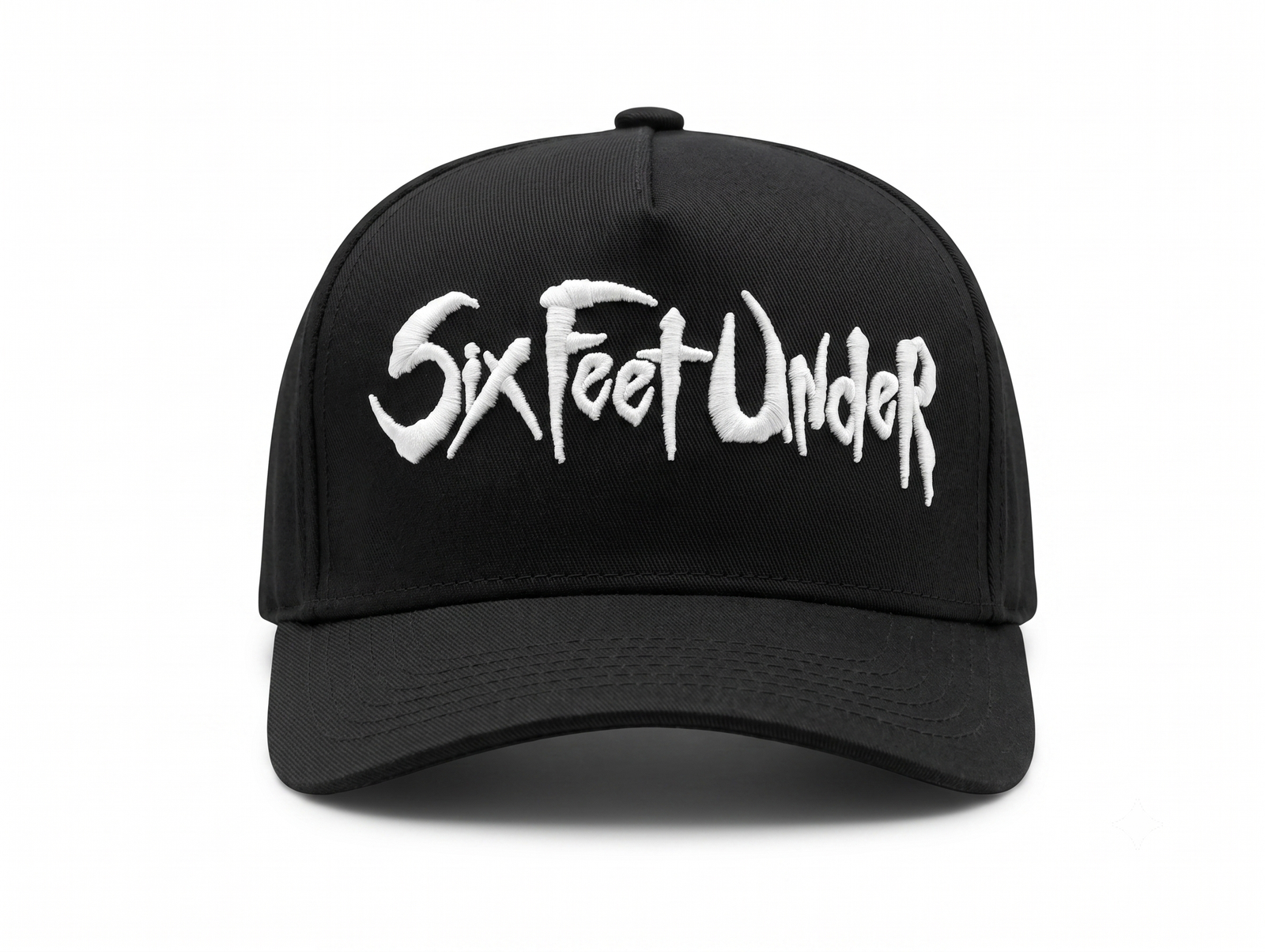 Gorra Six Feet Under negra de visera curva con panel liso y bordado 3D del logo en blanco