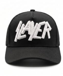 Gorra Slayer negra de visera curva con panel liso y bordado 3D del logo en blanco
