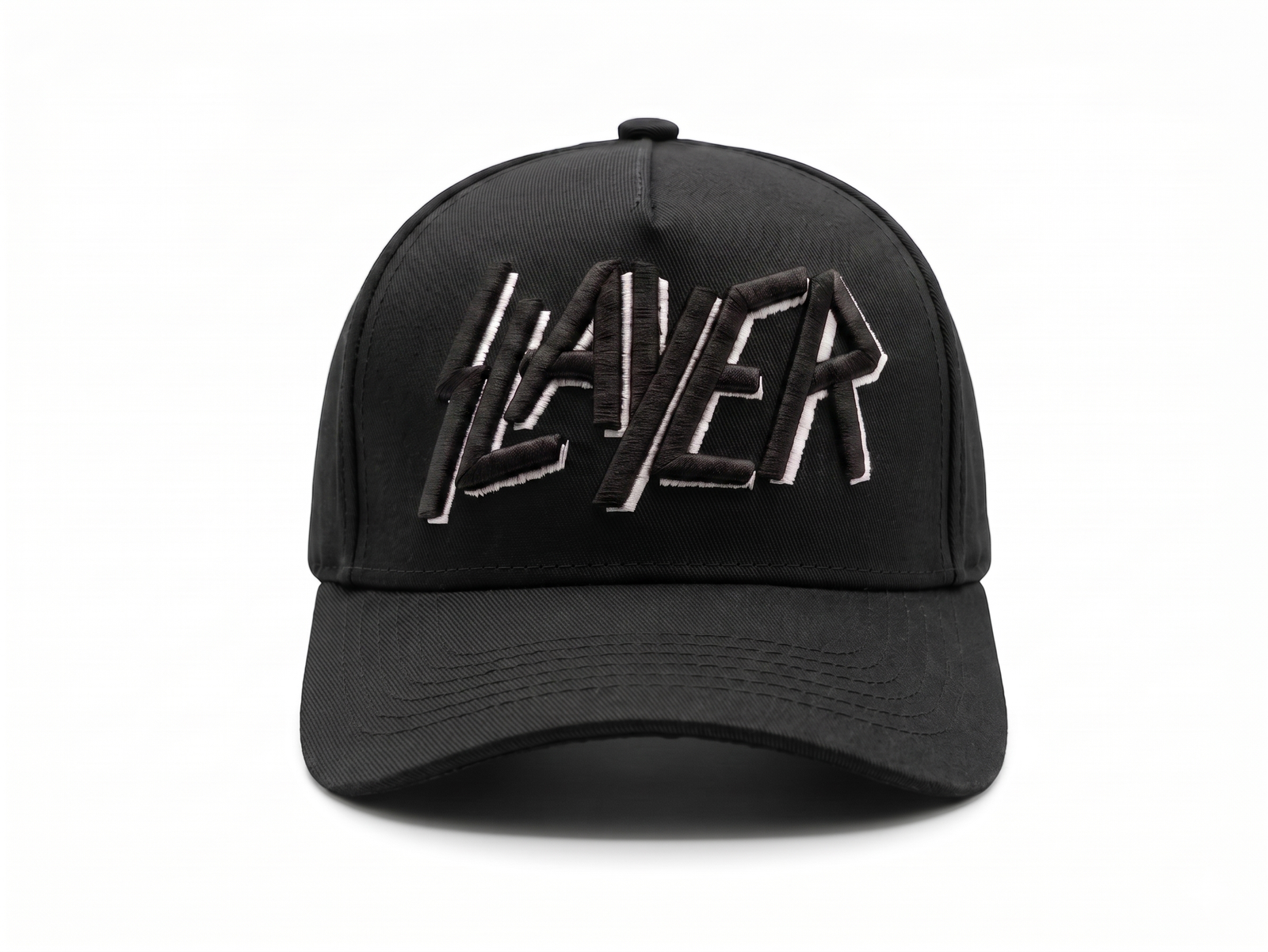 Gorra Slayer negra de visera curva con panel liso y bordado 3D del logo en negro y blanco