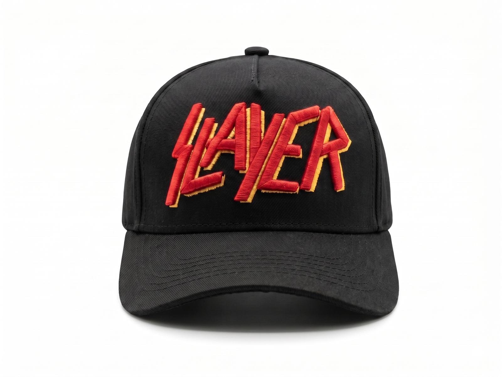 Gorra Slayer negra de visera curva con panel liso y bordado 3D del logo en rojo y amarillo