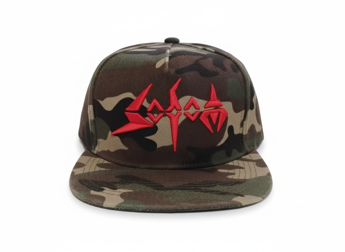 Gorra Sodom de camuflaje con panel liso y bordado 3D del logo en rojo