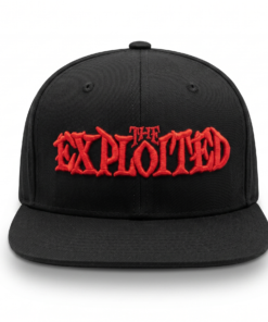 Gorra The Exploited oficial negra visera plana de 6 paneles y poderoso bordado 3D en rojo