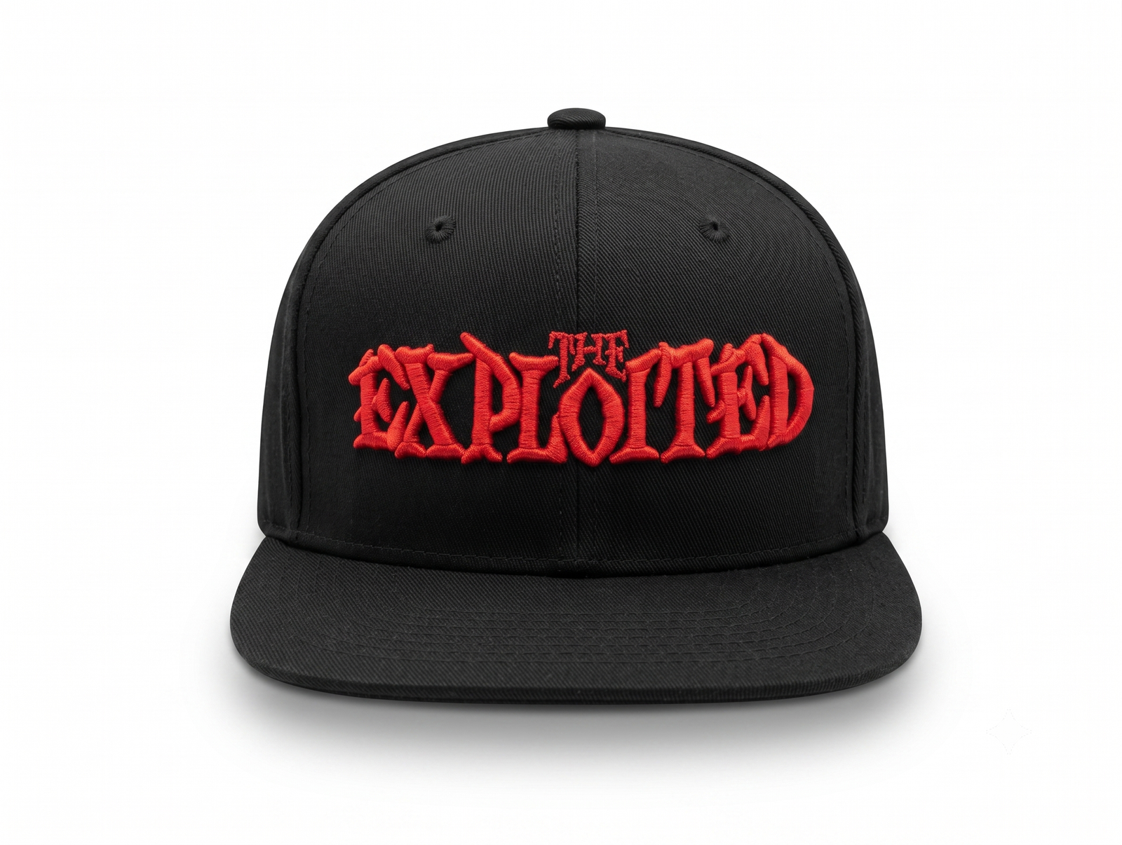 Gorra The Exploited oficial negra visera plana de 6 paneles y poderoso bordado 3D en rojo