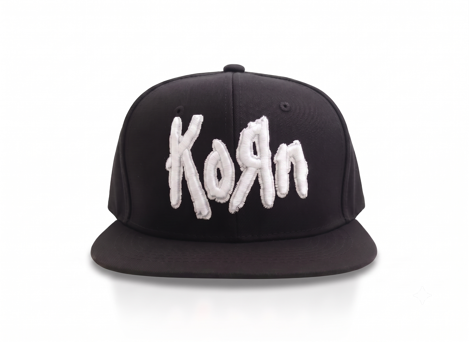 Gorra Korn visera plana snapback negra con logotipo bordado 3D en color blanco