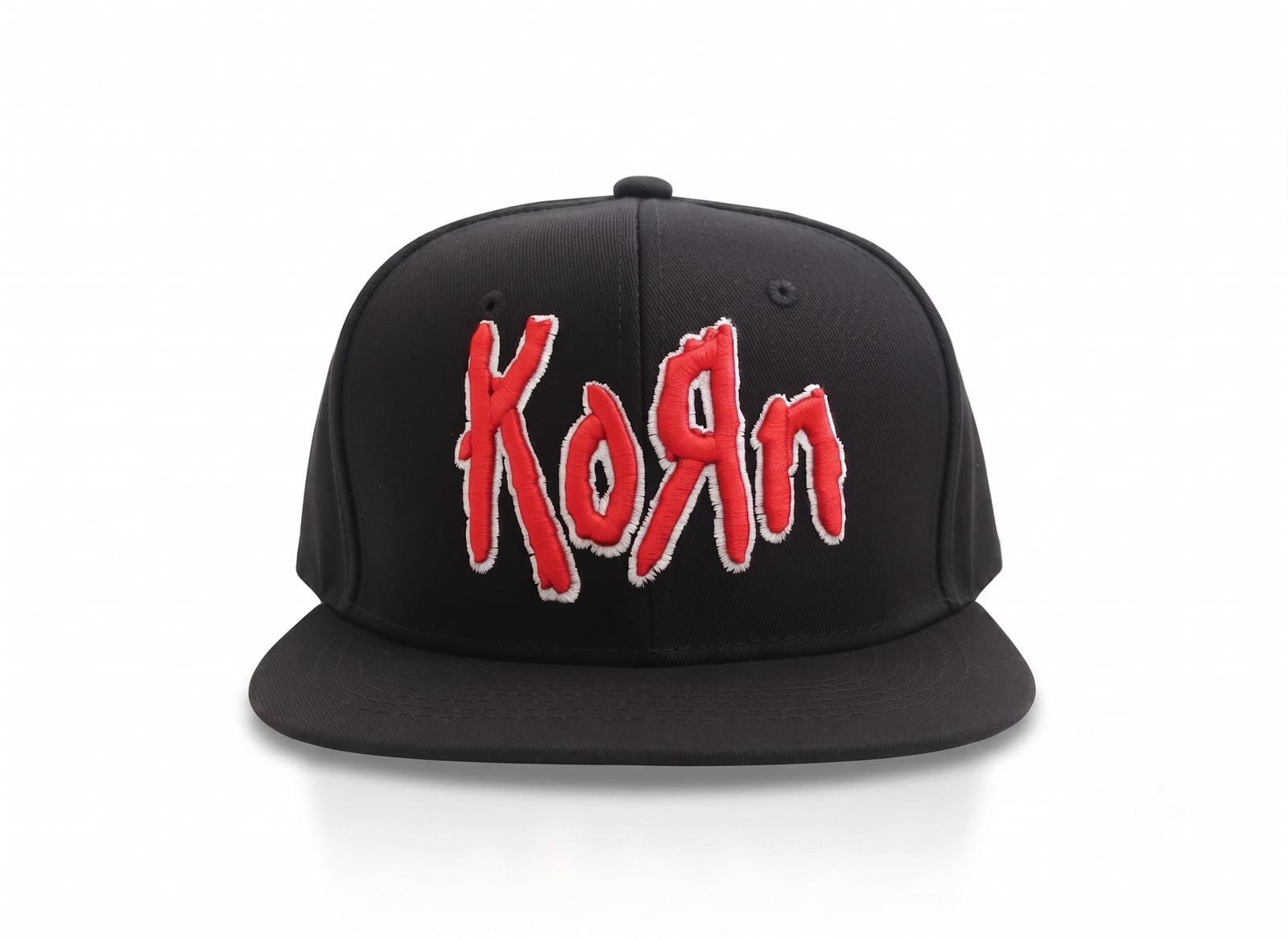 Gorra Korn visera plana snapback negra con logotipo bordado 3D en color rojo y blanco