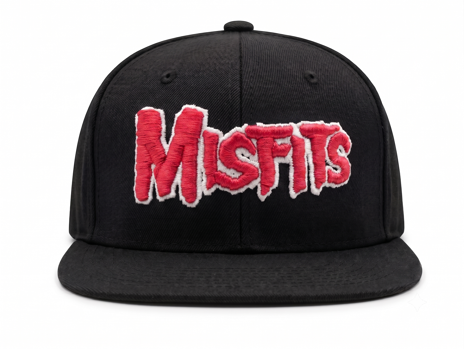 Gorra Misfits edición premium negra visera plana con panel liso y poderoso bordado 3D rojo con blanco