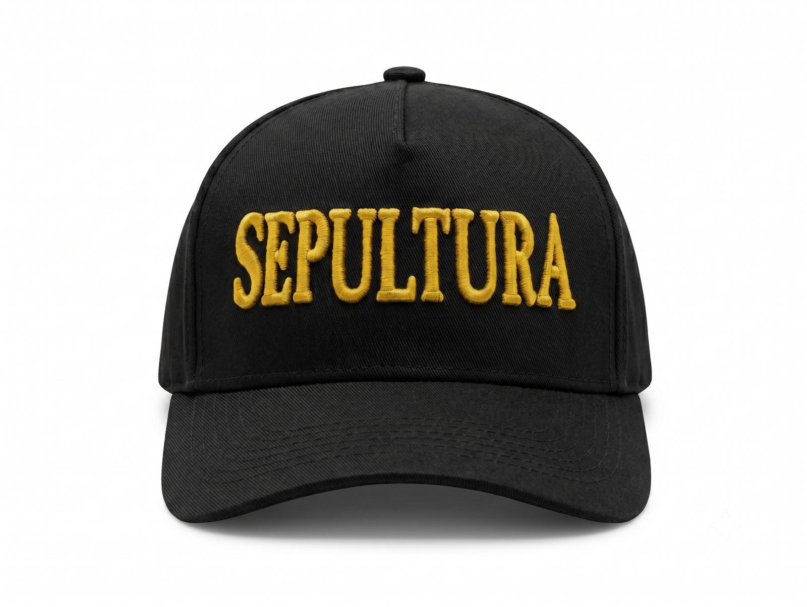 Gorra Sepultura oficial negra visera curva con panel liso y poderoso bordado 3D en amarillo